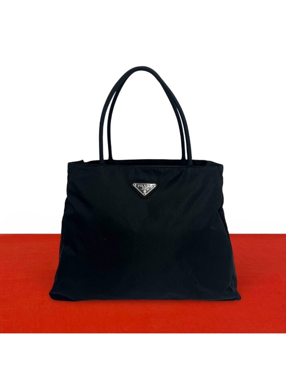 Prada Triangle Logo Plate Tessuto Pocono Nylon Tote Bag Black